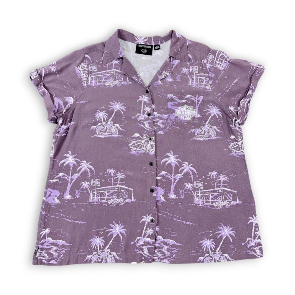 Harley Davidson Hawaiian Shirt Women 1W Purple Tropical Biker Hula Aloha Palm 1X